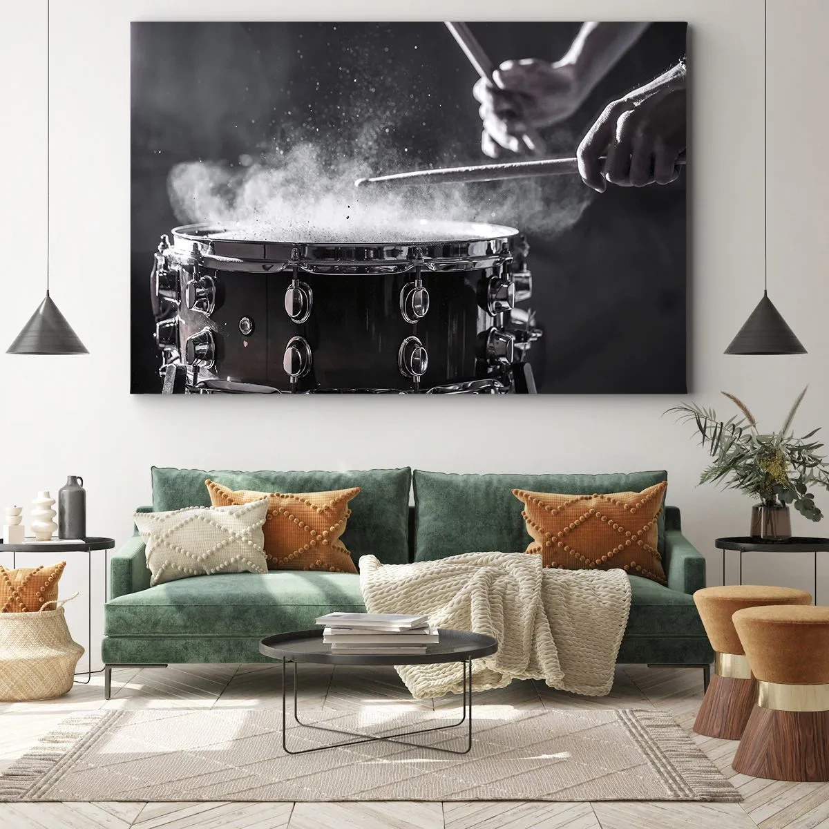 Tablou pe pânză Canvas - Lovind toba mică cu bețe cu efect de praf - 70x50cm - Pulsul muzicii - Decorațiune modernă pentru perete pentru living și dormitor ARTTOR