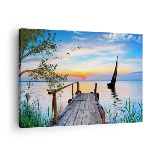 Tablou pe pânză Canvas - Dig lac cu barcă și apus de soare - 70x50cm - Bună seara - Decorațiune modernă pentru perete pentru living și dormitor ARTTOR