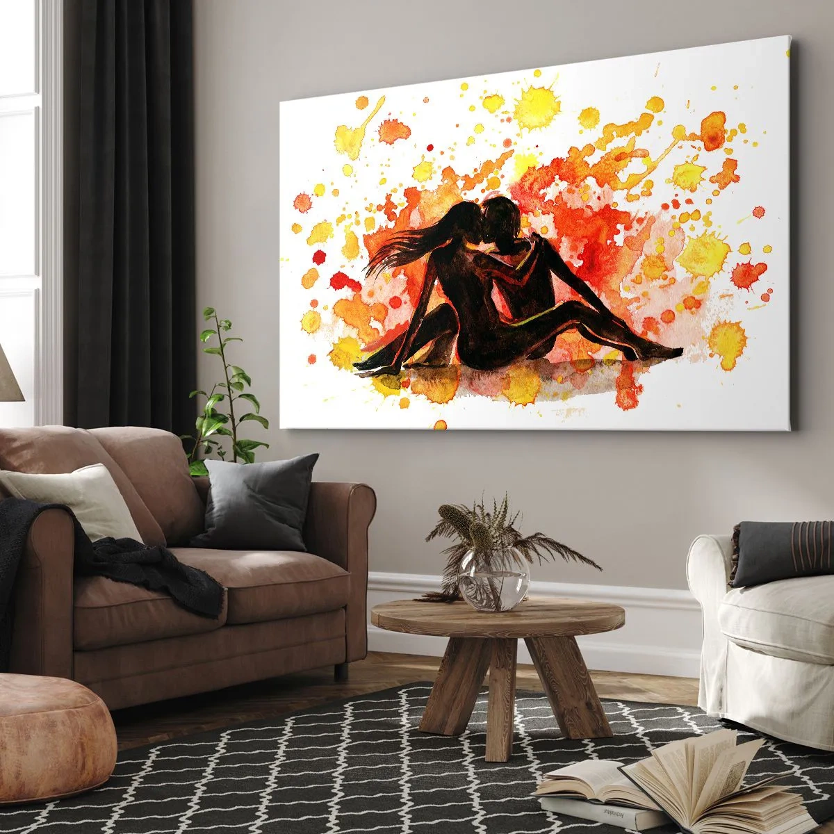 Tablou pe pânză Canvas - O pictură romantică în acuarelă reprezentând două persoane în culori calde. - 70x50cm - Şi a fost lumină - Decorațiune modernă pentru perete pentru living și dormitor ARTTOR