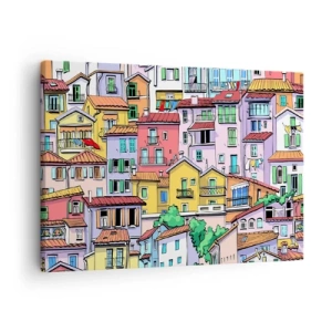 Tablou pe pânză Canvas - Case de locuit colorate, într-un stil plin de viață și vesel - 70x50cm - Oraș vesel - Decorațiune modernă pentru perete pentru living și dormitor ARTTOR