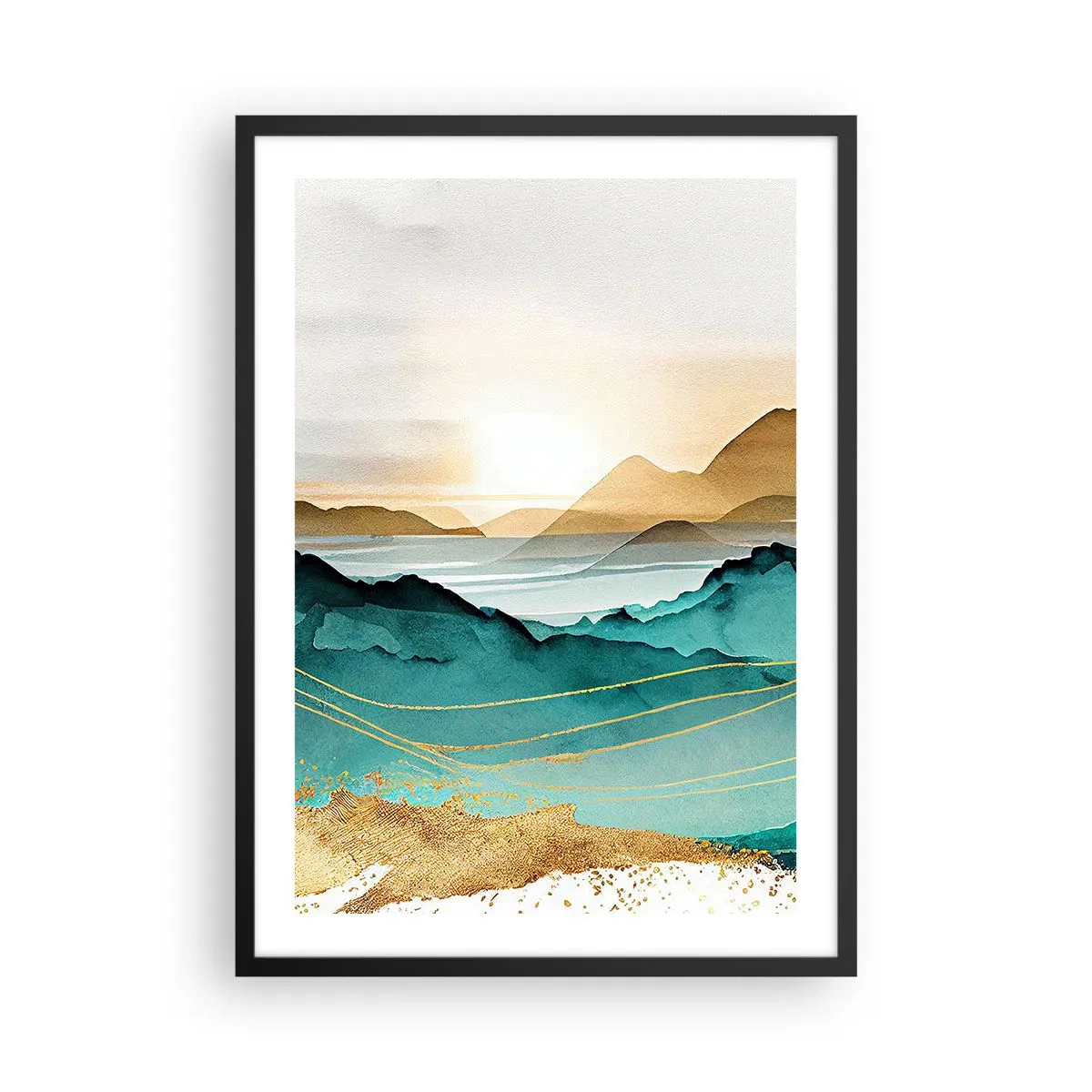 Poster în ramă neagră - Un peisaj montan pitoresc în nuanțe de turcoaz și auriu - 50x70cm - La limita abstracției - peisaj - Decorațiune modernă pentru perete pentru living și dormitor ARTTOR
