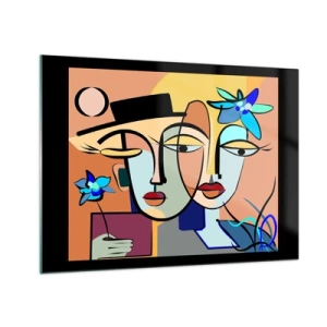 Tablou pe sticlă - Fețe colorate în stil cubist cu flori - 70x50cm - Întâlnire cu Picasso - Decorațiune modernă pentru perete pentru living și dormitor ARTTOR