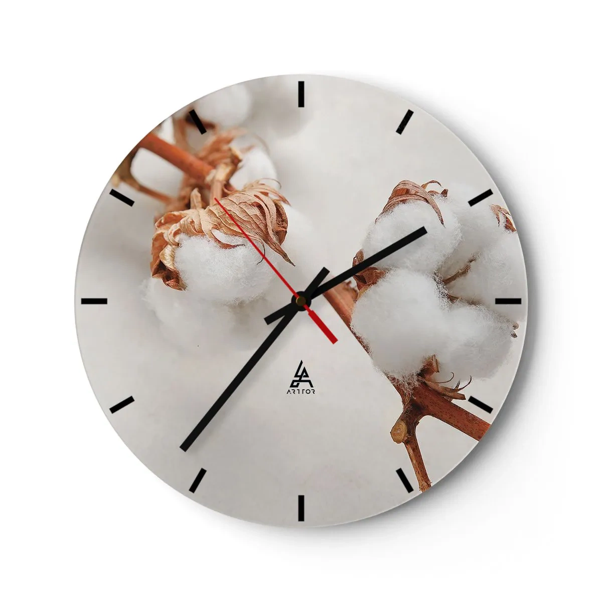 Ceas de perete - Ceas pe sticlă - Flori albe de bumbac pufoase pe un fundal deschis - 30x30cm - Numai îmbrățișări - Decorațiune modernă pentru perete pentru living, bucătărie și dormitor ARTTOR