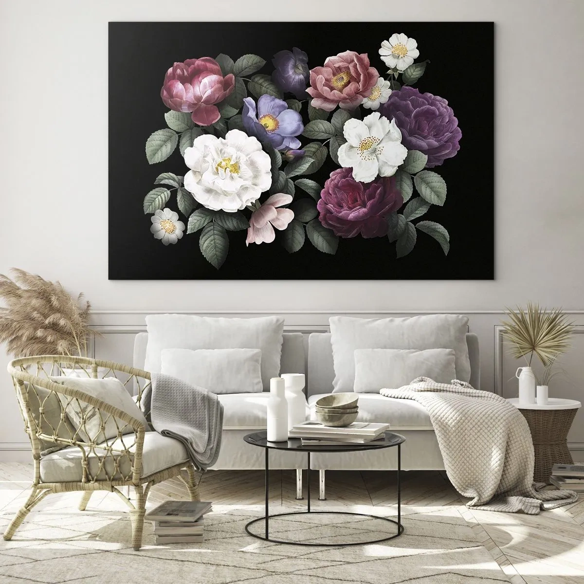 Tablou pe sticlă - Compoziție florală cu bujori pe fundal negru - 70x50cm - Dintr-o grădină engleză - Decorațiune modernă pentru perete pentru living și dormitor ARTTOR