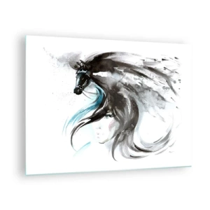 Tablou pe sticlă - Portretul unei femei și al unui cal într-o compoziție artistică și dinamică - 70x50cm - Galopul Prințului Negru - Decorațiune modernă pentru perete pentru living și dormitor ARTTOR