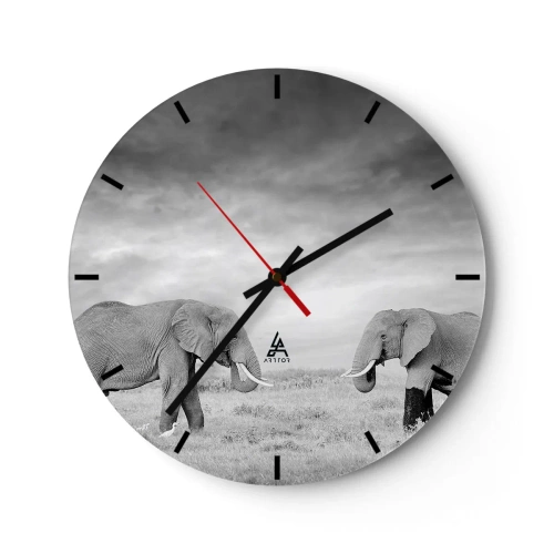 Ceas de perete - Ceas pe sticlă - Doi elefanți pe savană, în alb și negru - 30x30cm - Griul elefantin este frumos - Decorațiune modernă pentru perete pentru living, bucătărie și dormitor ARTTOR
