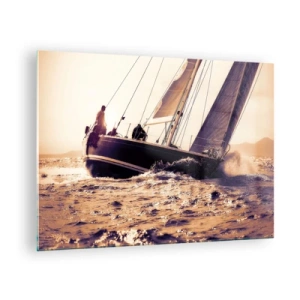Tablou pe sticlă - O barcă cu pânze pe o mare furtunoasă în nuanțe calde - 70x50cm - Pânzele sunt gata - Decorațiune modernă pentru perete pentru living și dormitor ARTTOR