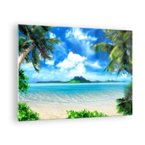Tablou pe sticlă - O plajă tropicală cu palmieri și o vedere asupra unei insule muntoase - 70x50cm - Azur de la tropice - Decorațiune modernă pentru perete pentru living și dormitor ARTTOR