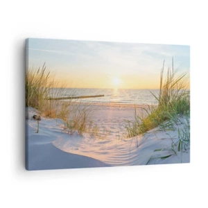 Tablou pe pânză Canvas - O plajă cu nisip fin, cu vedere la apusul soarelui peste mare - 70x50cm - Zumzet de mare, o plajă sălbatică printre ierburi... - Decorațiune modernă pentru perete pentru living și dormitor ARTTOR