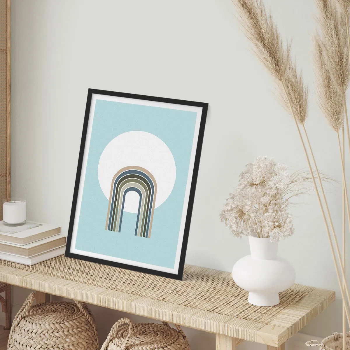 Poster în ramă neagră - Un arc minimalist cu nuanțe pastelate pe un fundal circular - 50x70cm - Atracție irezistibilă - Decorațiune modernă pentru perete pentru living și dormitor ARTTOR