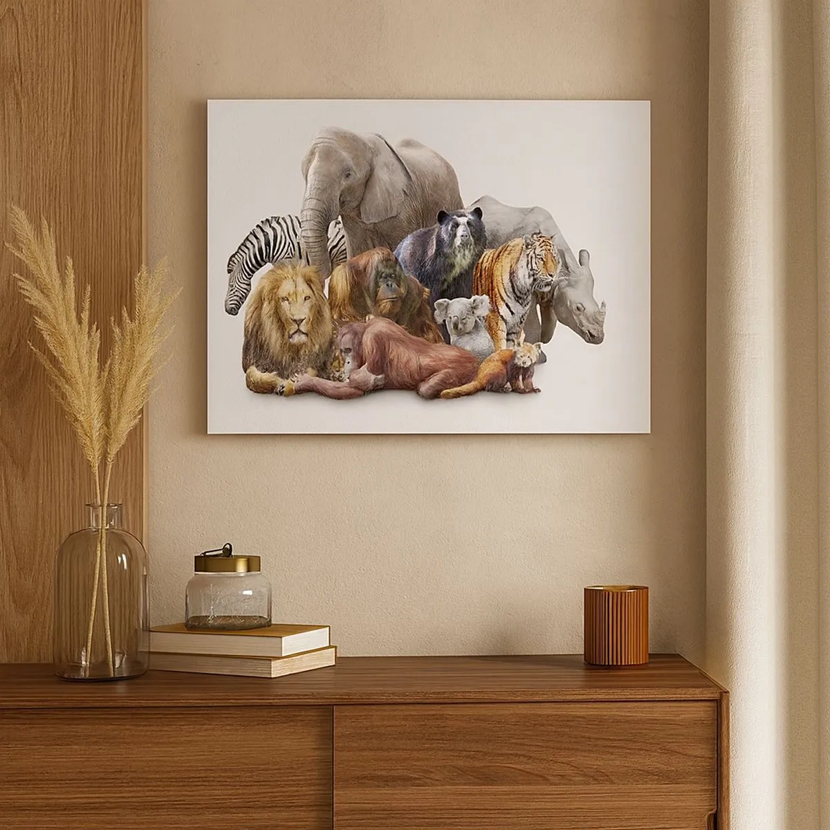 Tablou pe pânză Canvas - O varietate de animale sălbatice într-o compoziție de grup - 70x50cm - Fotografia africană de familie - Decorațiune modernă pentru perete pentru living și dormitor ARTTOR