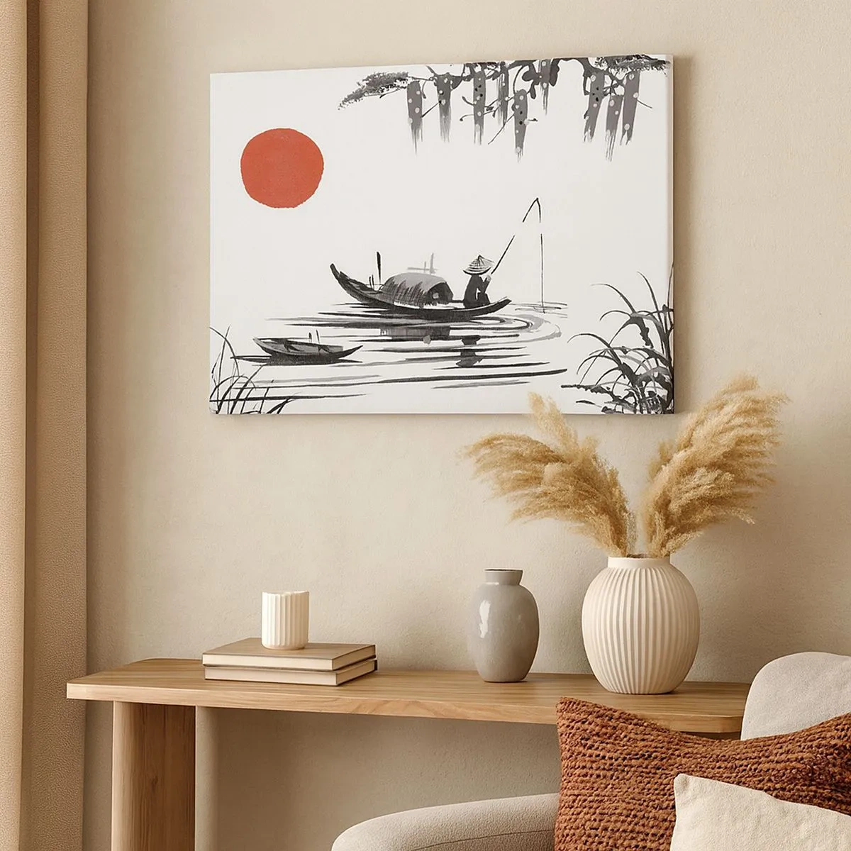 Tablou pe pânză Canvas - Peisaj oriental cu un pescar pe o barcă și un soare roșu - 70x50cm - O după-amiază asiatică - Decorațiune modernă pentru perete pentru living și dormitor ARTTOR