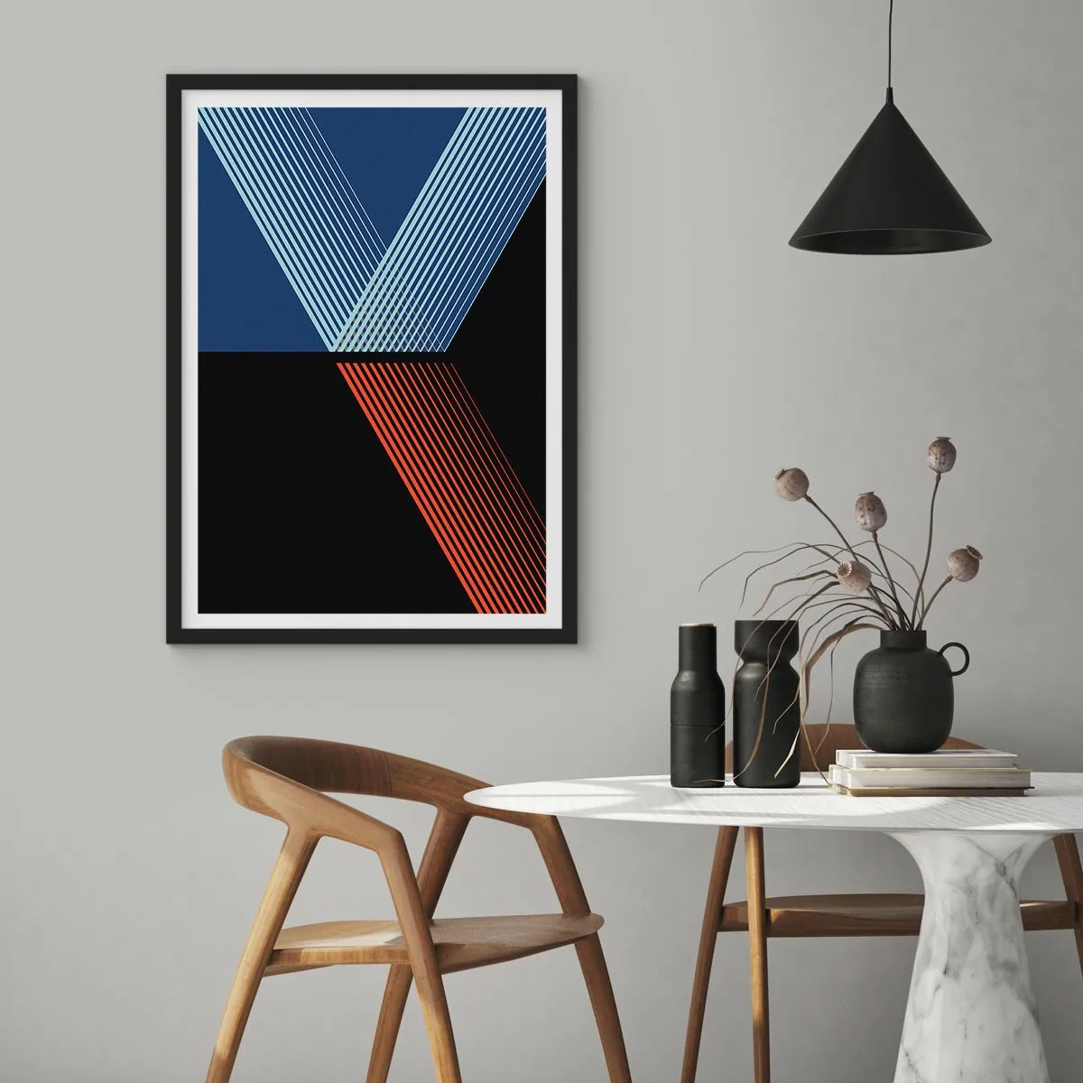 Poster în ramă neagră - Compoziție abstractă de linii în albastru, negru și roșu - 50x70cm - O poveste simplă - Decorațiune modernă pentru perete pentru living și dormitor ARTTOR