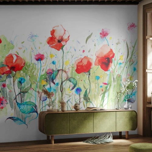 Tapet Standard Eco - Maci în acuarelă într-o pajiște plină de flori - 100x70cm - O pajiște înflorită în luna mai - Decorațiune modernă pentru perete pentru living și dormitor ARTTOR