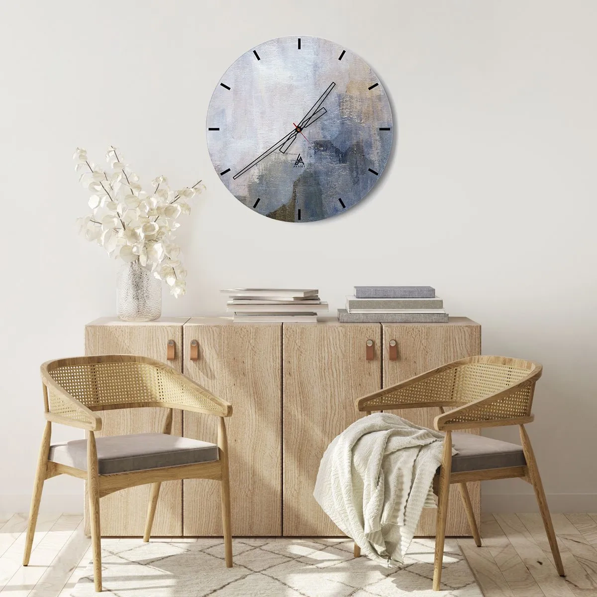 Ceas de perete - Ceas pe sticlă - Compoziție abstractă în nuanțe de albastru și gri - 30x30cm - Tonuri  și acorduri de culoare - Decorațiune modernă pentru perete pentru living, bucătărie și dormitor ARTTOR