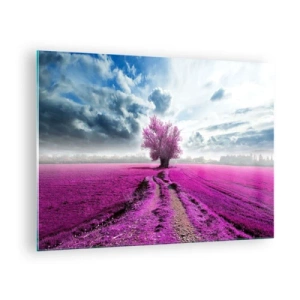 Tablou pe sticlă - Un copac într-un câmp de iarbă sub un cer dinamic - 70x50cm - Câmpul cu iarbă neagră - Decorațiune modernă pentru perete pentru living și dormitor ARTTOR