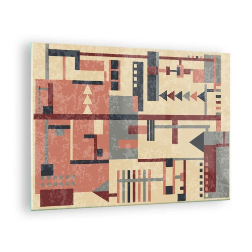 Tablou pe sticlă - Model geometric abstract în nuanțe de bej și roșu - 70x50cm - Combinație de verticale și orizontale - Decorațiune modernă pentru perete pentru living și dormitor ARTTOR