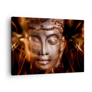 Tablou pe pânză Canvas - O statuie a lui Buddha în mijlocul flăcărilor aurii - 70x50cm - Există doar aici și acum - Decorațiune modernă pentru perete pentru living și dormitor ARTTOR
