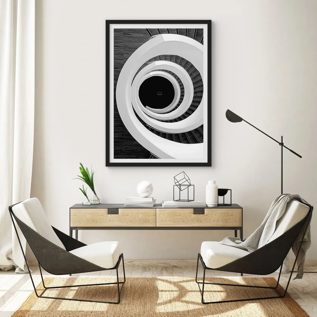 Poster în ramă neagră - O scară în spirală în alb și negru cu un design abstract - 50x70cm - Până la miez - Decorațiune modernă pentru perete pentru living și dormitor ARTTOR