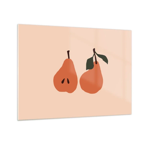 Tablou pe sticlă - Ilustrație a două pere pe un fundal bej într-un stil minimalist - 70x50cm - Dulceața în sine - Decorațiune modernă pentru perete pentru living și dormitor ARTTOR