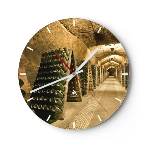 Ceas de perete - Ceas pe sticlă - O pivniță de vinuri și rânduri de sticle pe rafturi - 30x30cm - Nașterea gustului - Decorațiune modernă pentru perete pentru living, bucătărie și dormitor ARTTOR