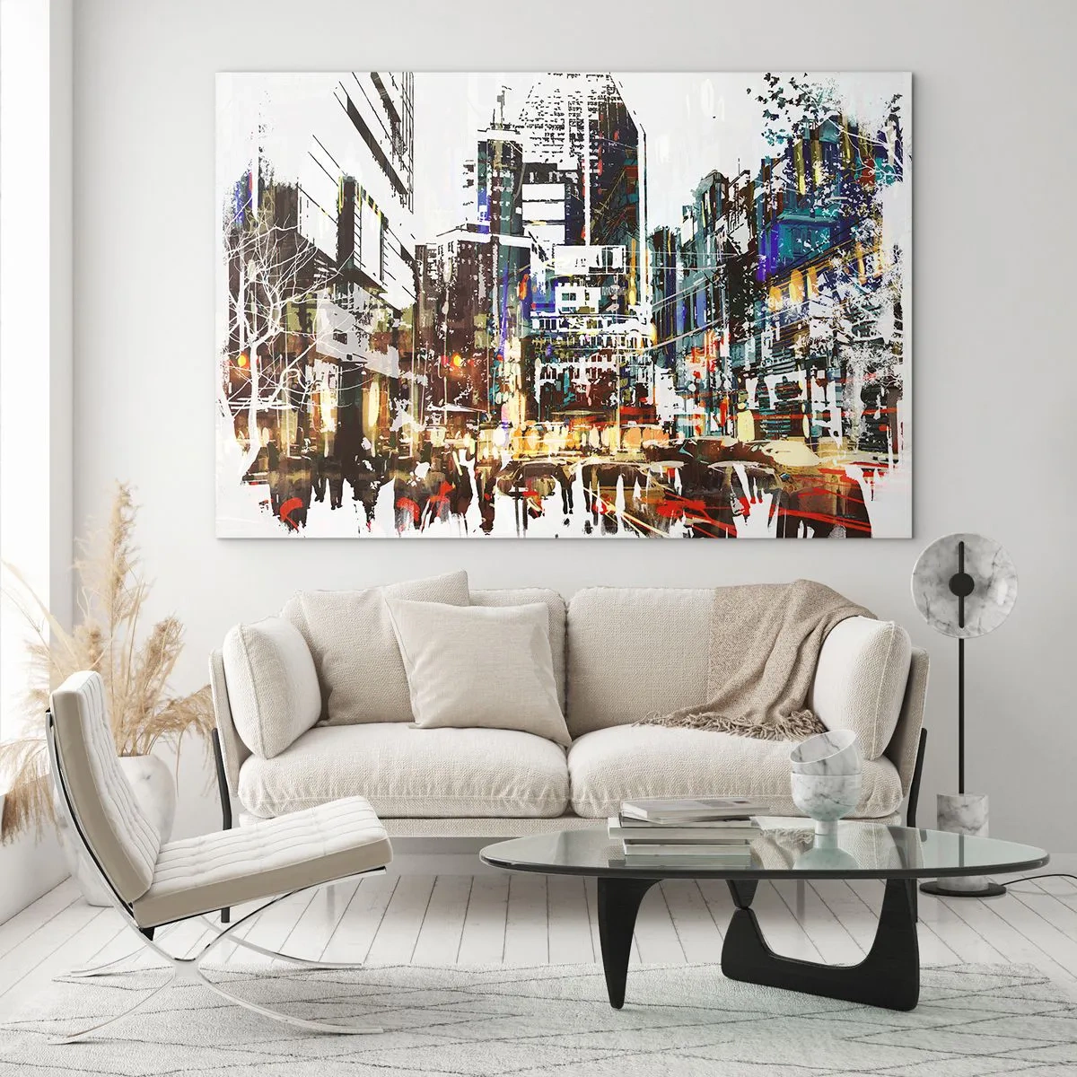 Tablou pe sticlă - Lumini colorate ale orașului într-un stil artistic, sclipitor - 70x50cm - Orașul pâlpâind - Decorațiune modernă pentru perete pentru living și dormitor ARTTOR