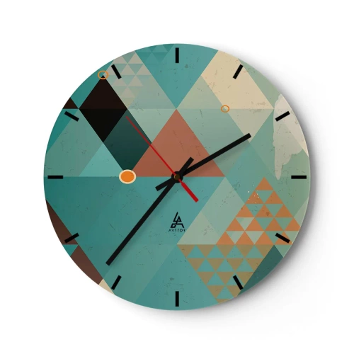 Ceas de perete - Ceas pe sticlă - O compoziție geometrică de triunghiuri în nuanțe de verde și bej. - 30x30cm - Unitatea multiplicității, multiplicitatea unității - Decorațiune modernă pentru perete pentru living, bucătărie și dormitor ARTTOR