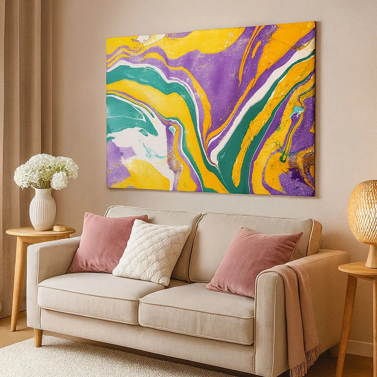 Tablou pe pânză Canvas - Model abstract de marmură în culori vii - 70x50cm - Valuri de culoare - Decorațiune modernă pentru perete pentru living și dormitor ARTTOR