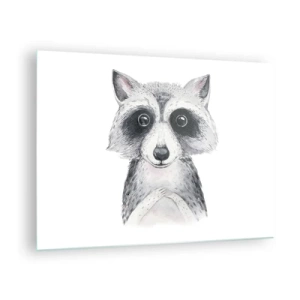 Tablou pe sticlă - Portretul unui câine raton în alb și negru - 70x50cm - Un moment pentru emoții - Decorațiune modernă pentru perete pentru living și dormitor ARTTOR