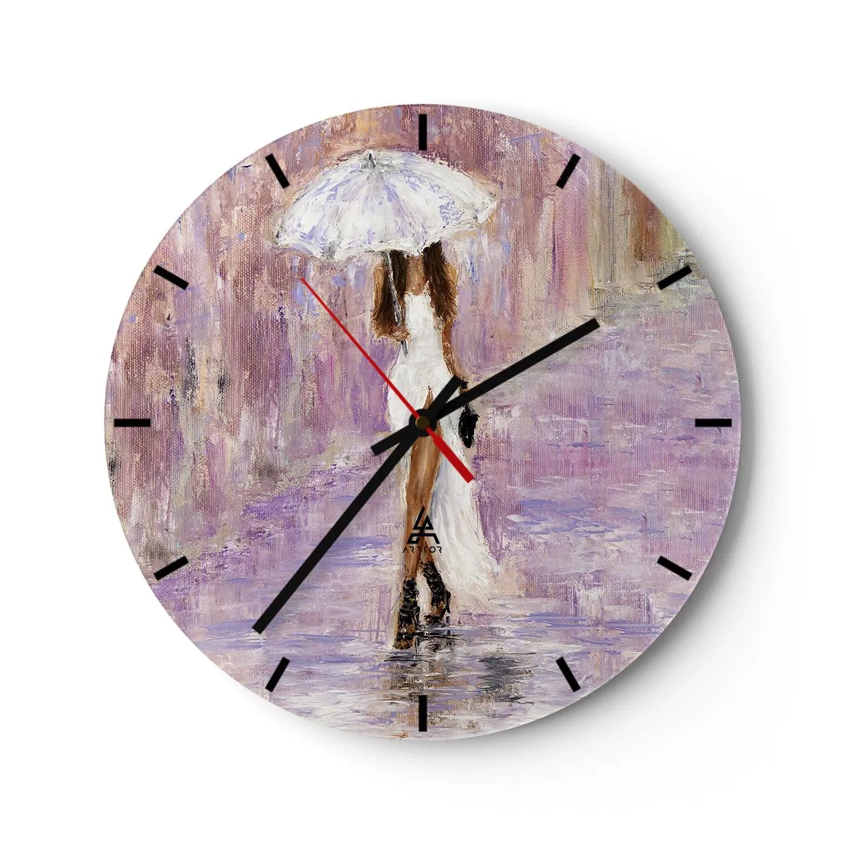 Ceas de perete - Ceas pe sticlă - Figura unei femei cu o umbrelă în ploaie, pe un fundal liliac - 30x30cm - În ploaia de liliac - Decorațiune modernă pentru perete pentru living, bucătărie și dormitor ARTTOR