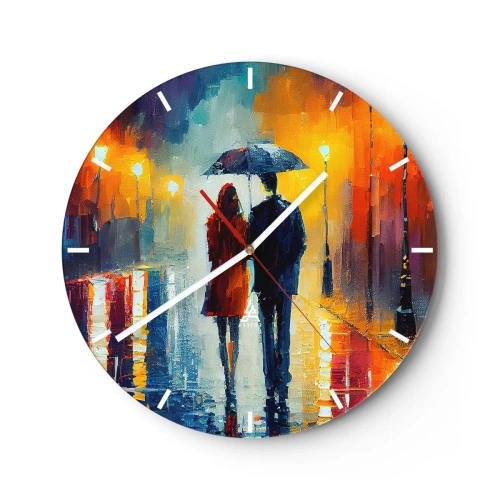 Ceas de perete - Ceas pe sticlă - Un cuplu cu o umbrelă pe o stradă colorată și ploioasă, noaptea. - 30x30cm - Împreună - o noapte plină de culoare - Decorațiune modernă pentru perete pentru living, bucătărie și dormitor ARTTOR