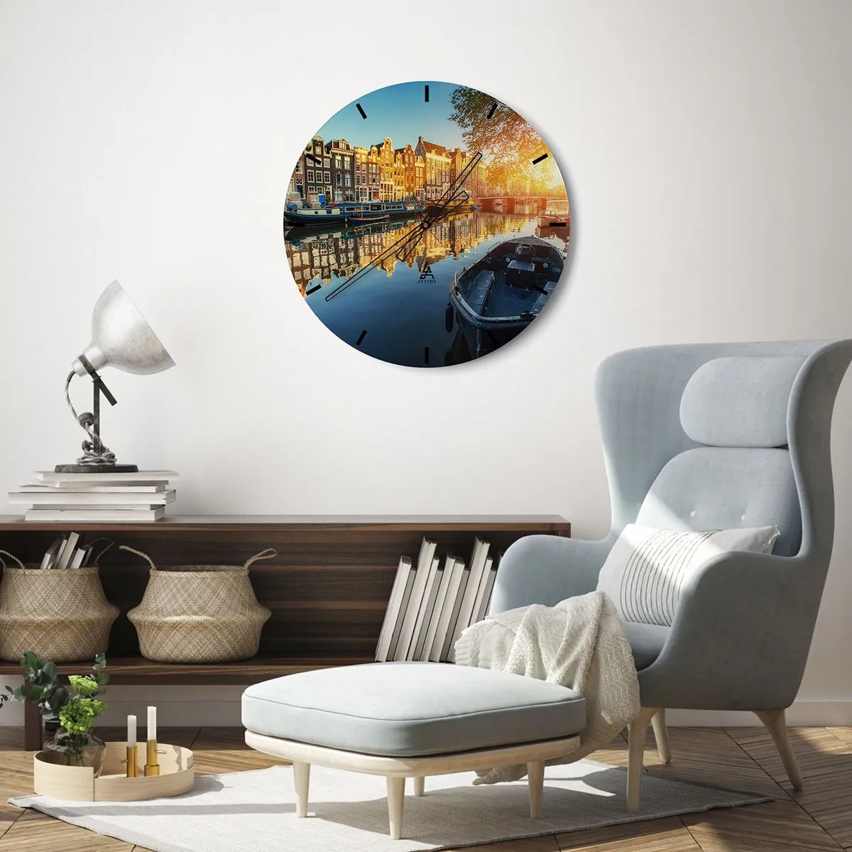 Ceas de perete - Ceas pe sticlă - Canalul orașului la apus - 30x30cm - Dimineața în Amsterdam - Decorațiune modernă pentru perete pentru living, bucătărie și dormitor ARTTOR