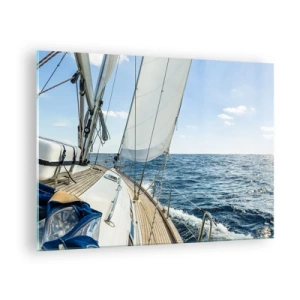 Tablou pe sticlă - Un iaht în largul mării cu pânzele desfășurate - 70x50cm - Ahoy aventura - Decorațiune modernă pentru perete pentru living și dormitor ARTTOR
