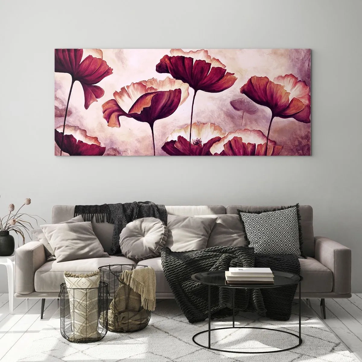 Tablou pe sticlă - Fulgi roșii și albi - 120x50 cm