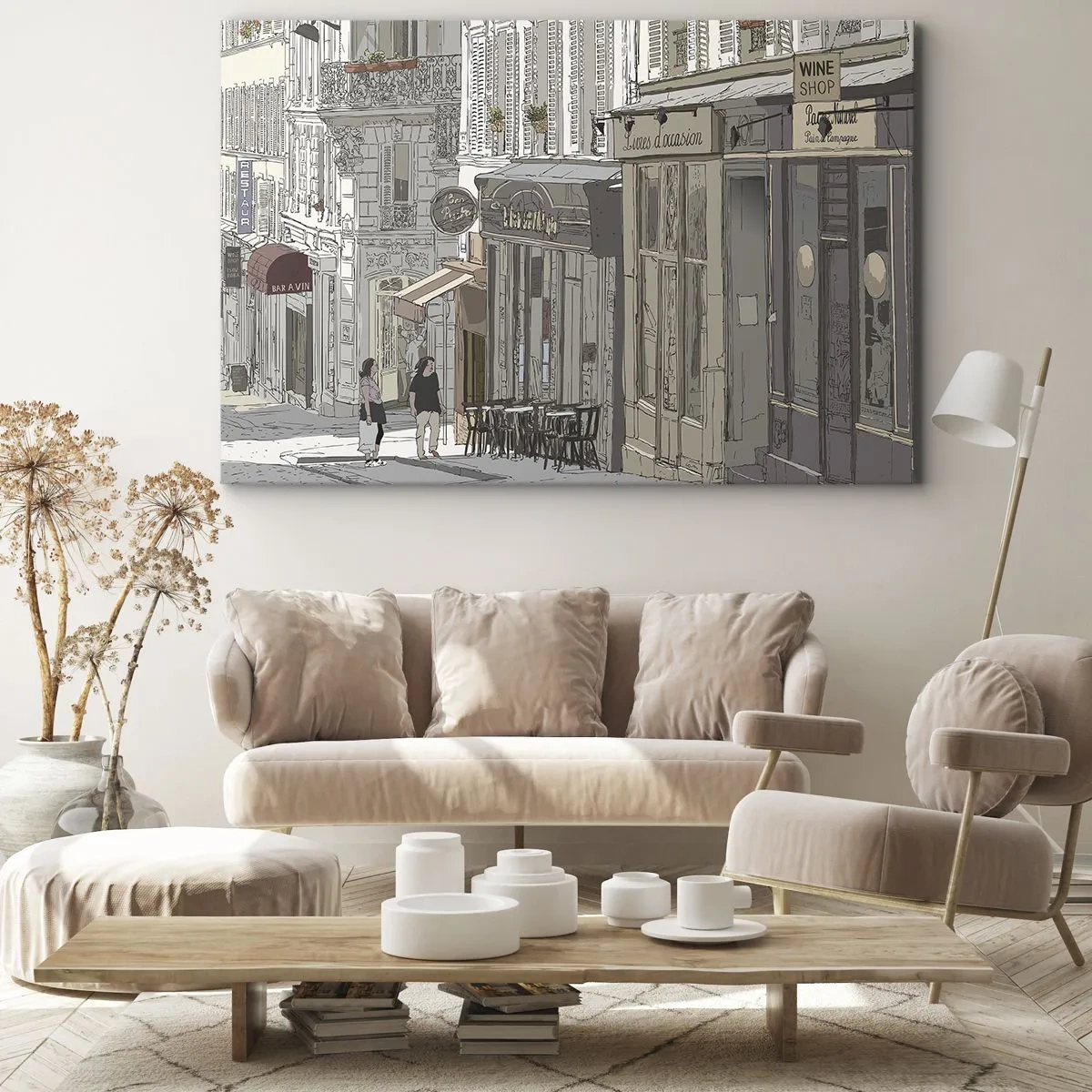Tablou pe pânză Canvas - Ilustrație a unei străzi de oraș cu cafenele și magazine - 70x50cm - Bucurii urbane - Decorațiune modernă pentru perete pentru living și dormitor ARTTOR