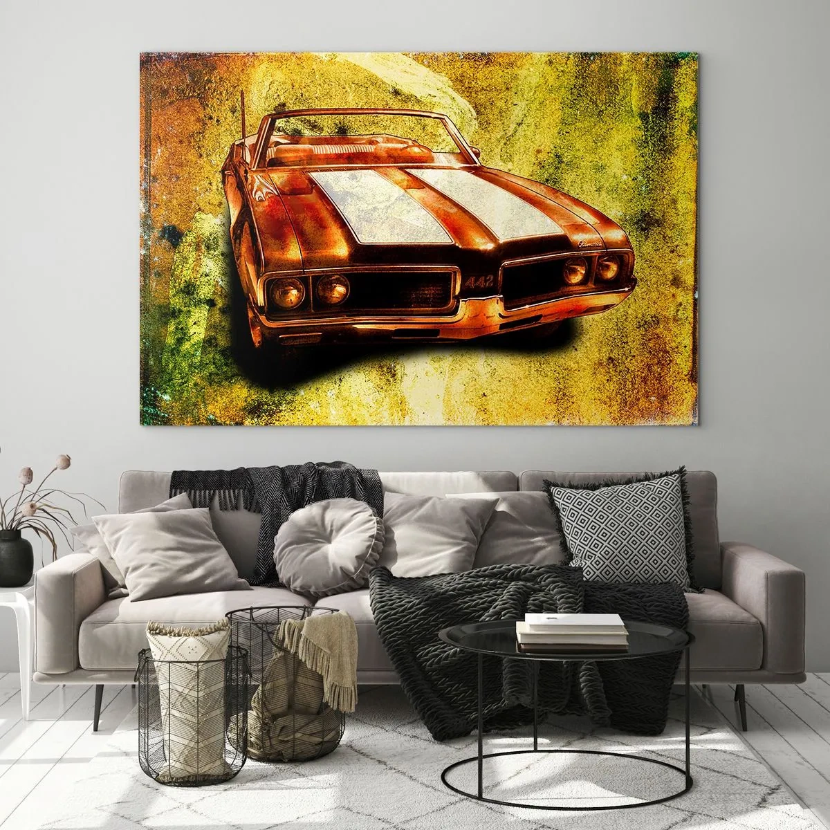 Tablou pe sticlă - O decapotabilă sport vintage pe un fundal artistic - 70x50cm - Puterea fermecătoare a formelor - Decorațiune modernă pentru perete pentru living și dormitor ARTTOR