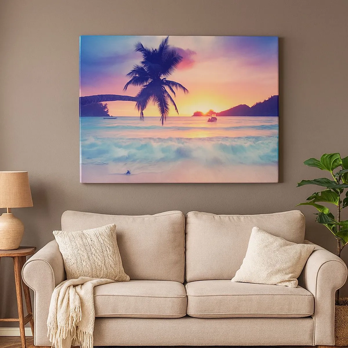 Tablou pe pânză Canvas - Plajă cu palmier și apus de soare peste ocean - 70x50cm - O seară în golf - Decorațiune modernă pentru perete pentru living și dormitor ARTTOR