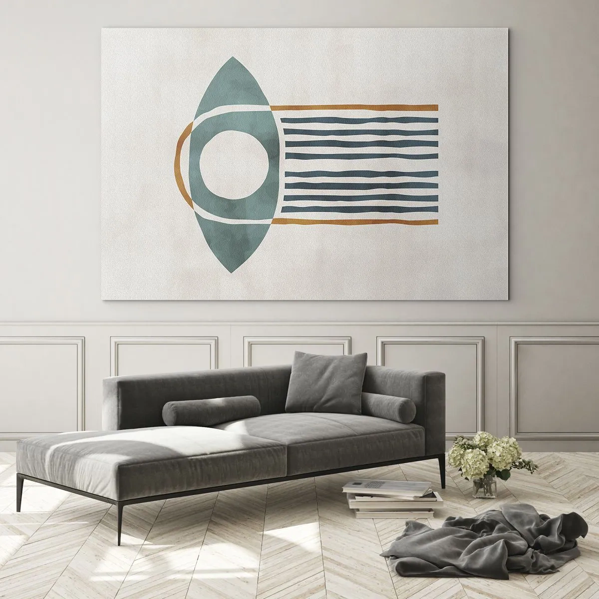 Tablou pe sticlă - Formă geometrică cu cerc și linii în nuanțe de verde și roșu. - 70x50cm - Semne și ritualuri - Decorațiune modernă pentru perete pentru living și dormitor ARTTOR