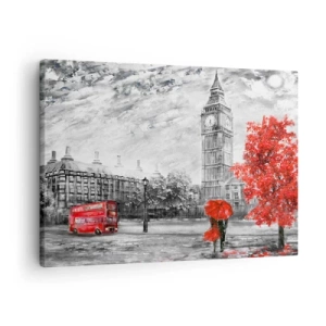 Tablou pe pânză Canvas - Vedere emblematică a Londrei cu Big Ben, un autobuz roșu și o umbrelă - 70x50cm - O zi excitantă - Decorațiune modernă pentru perete pentru living și dormitor ARTTOR