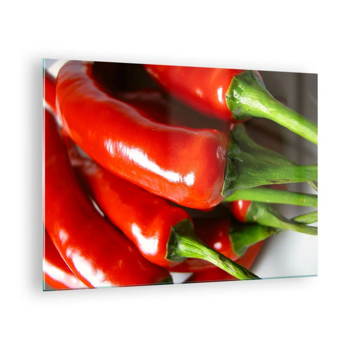 Tablou pe sticlă - Ardei iute roșii cu tulpini verzi - 70x50cm - Suculent, strălucitor, neted - Decorațiune modernă pentru perete pentru living și dormitor ARTTOR