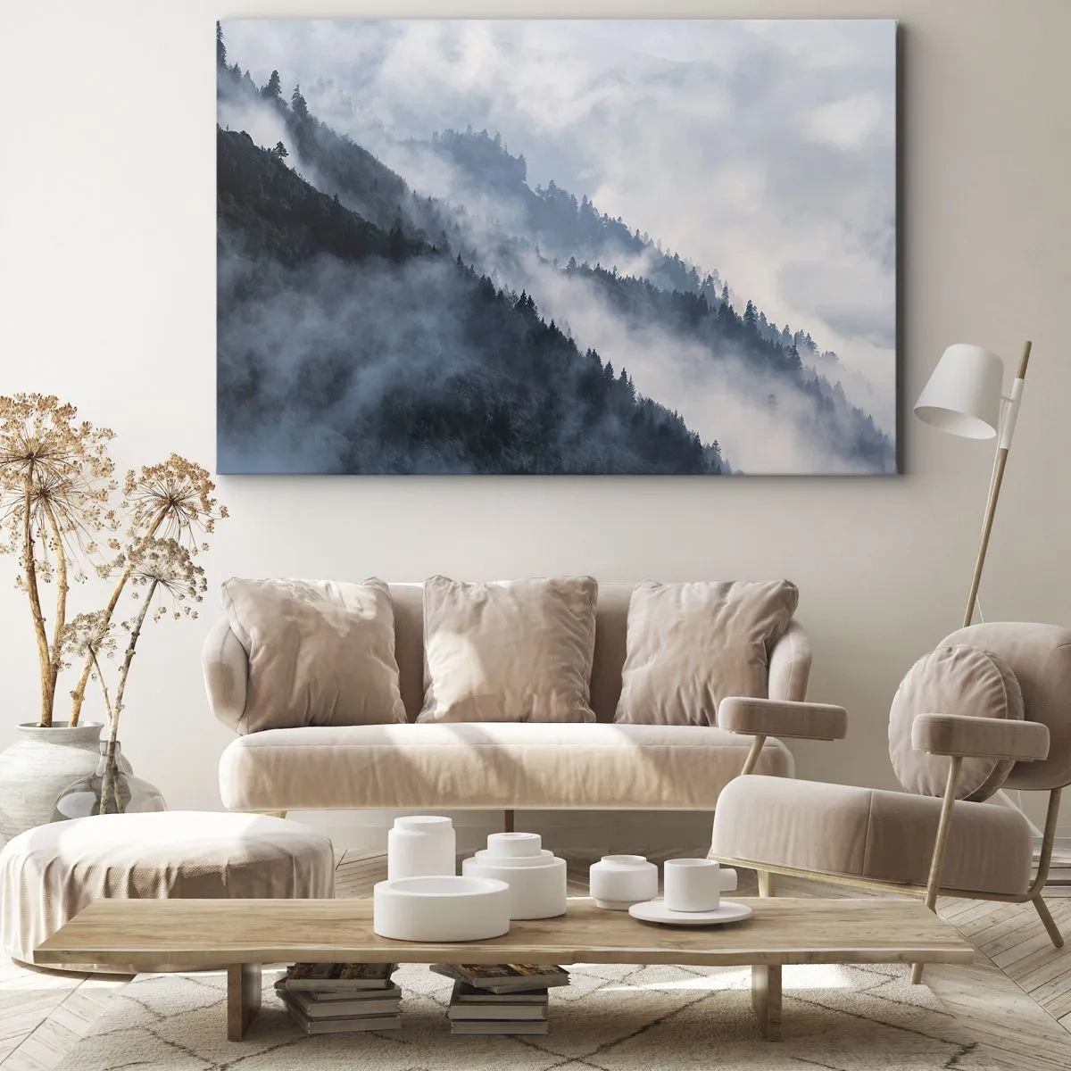 Tablou pe pânză Canvas - Ceața plutește peste versanții împăduriți într-un peisaj misterios - 70x50cm - Misticul munților - Decorațiune modernă pentru perete pentru living și dormitor ARTTOR