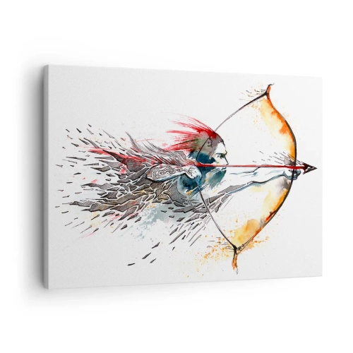 Tablou pe pânză Canvas - Pictură dinamică în acuarelă a unui războinic cu arc și săgeată - 70x50cm - Războinic mitic cu un arc de foc - Decorațiune modernă pentru perete pentru living și dormitor ARTTOR