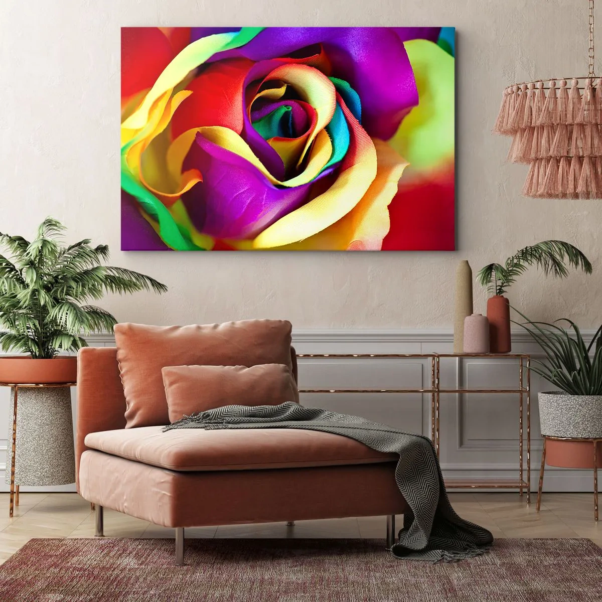 Tablou pe pânză Canvas - Un trandafir colorat în nuanțe de curcubeu - 70x50cm - Acest lucru este imposibil - Decorațiune modernă pentru perete pentru living și dormitor ARTTOR