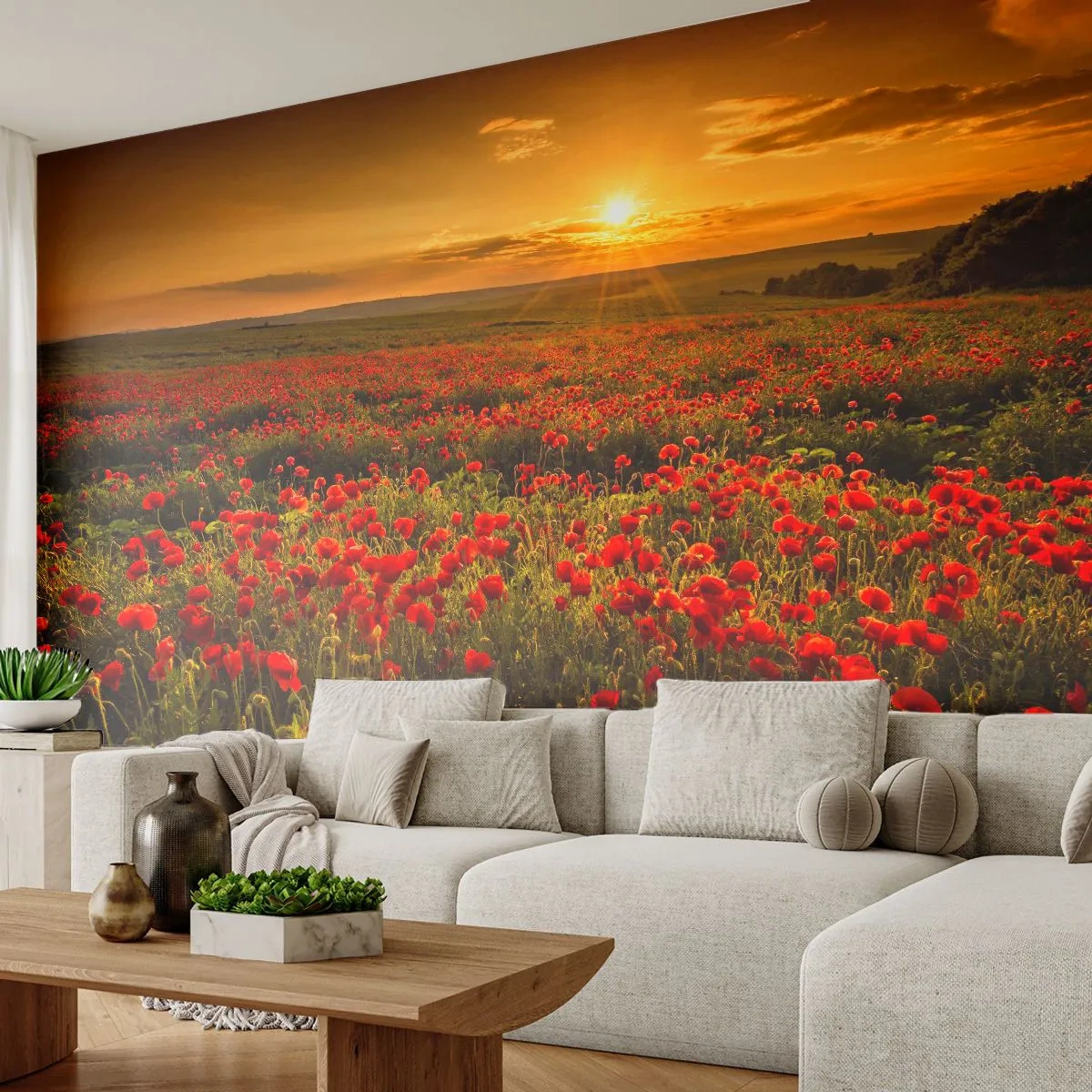 Tapet Standard Eco - Printre valuri de pajiști care zumzăie, printre potop de flori - Peisaj, Flori, macii - 400x280 cm