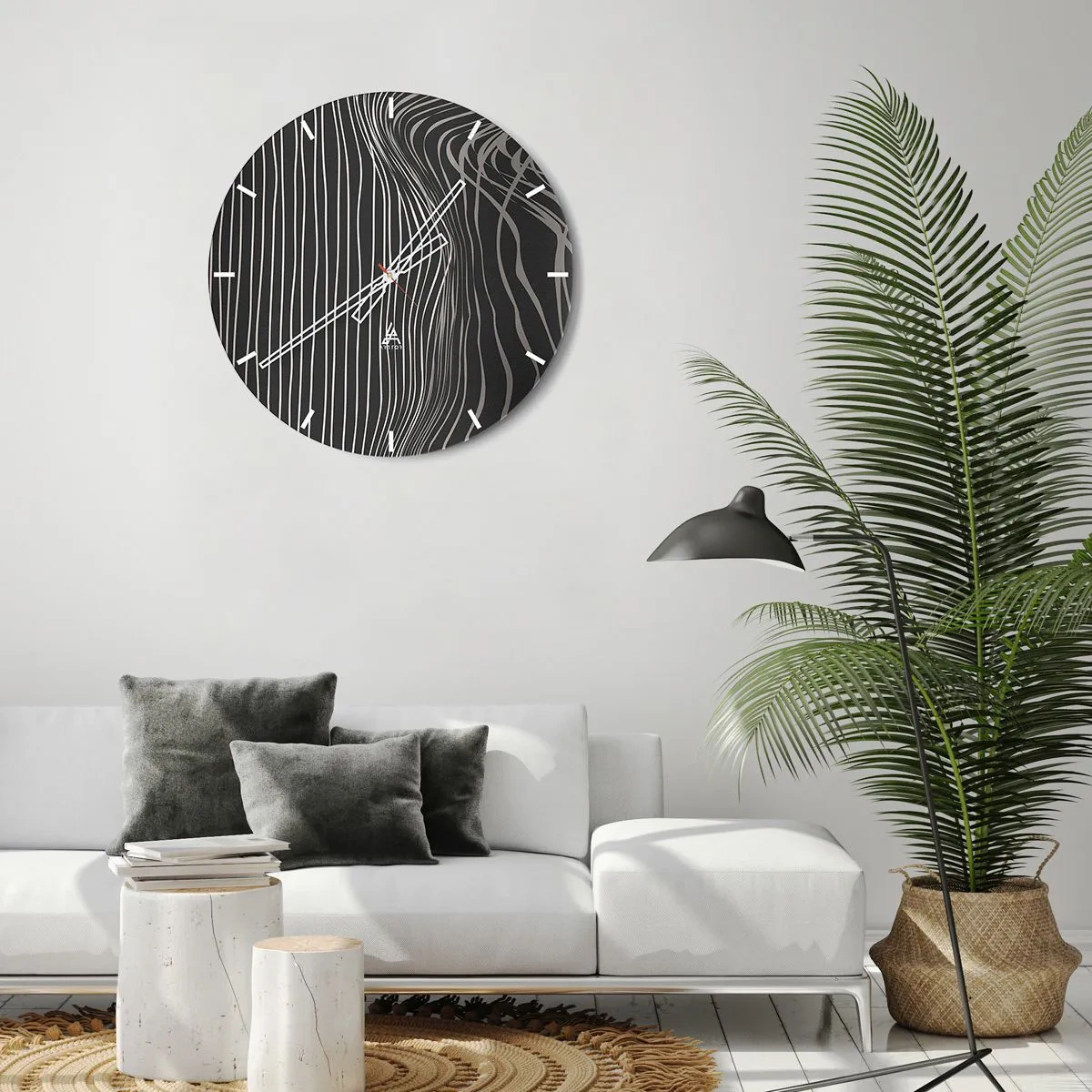 Ceas de perete - Ceas pe sticlă - Linii abstracte pe un fundal întunecat - 30x30cm - Ritm și accent - Decorațiune modernă pentru perete pentru living, bucătărie și dormitor ARTTOR