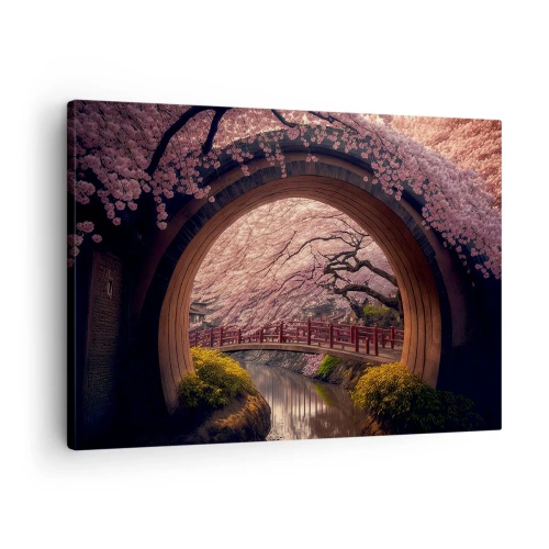 Tablou pe pânză Canvas - Un pod tradițional japonez înconjurat de flori de cireș - 70x50cm - Primăvara japoneză - Decorațiune modernă pentru perete pentru living și dormitor ARTTOR