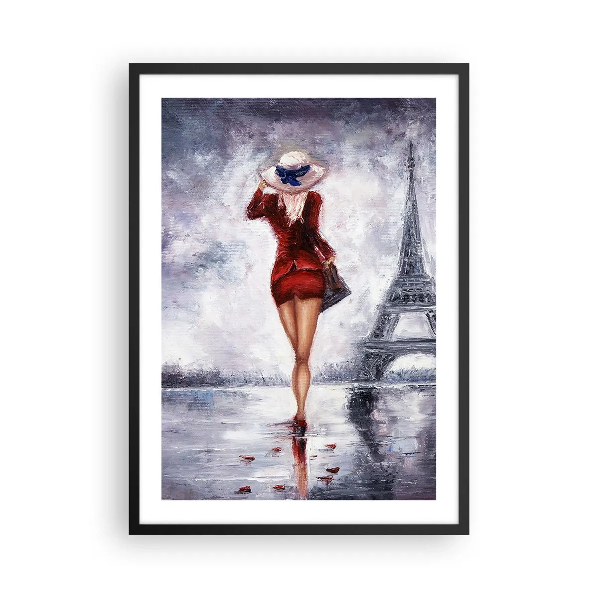 Poster în ramă neagră - O femeie într-o rochie roșie mergând spre Turnul Eiffel - 50x70cm - Simboluri pariziene - Decorațiune modernă pentru perete pentru living și dormitor ARTTOR