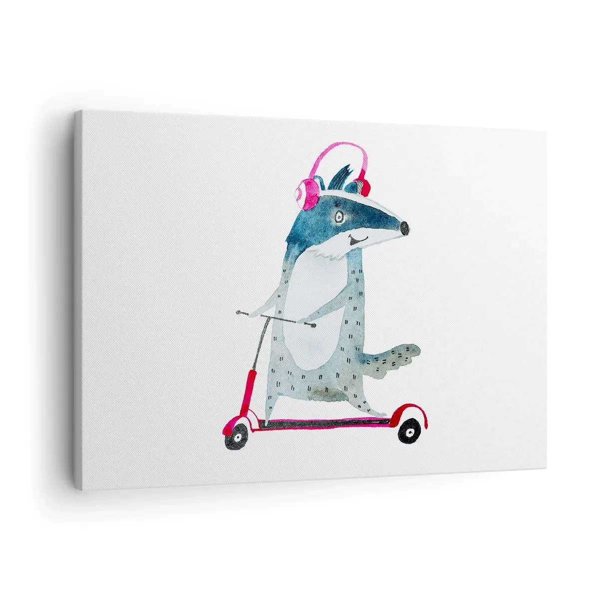 Tablou pe pânză Canvas - Bursuc pe un scuter cu căști roz - 70x50cm - Bucurie de bursuc - Decorațiune modernă pentru perete pentru living și dormitor ARTTOR