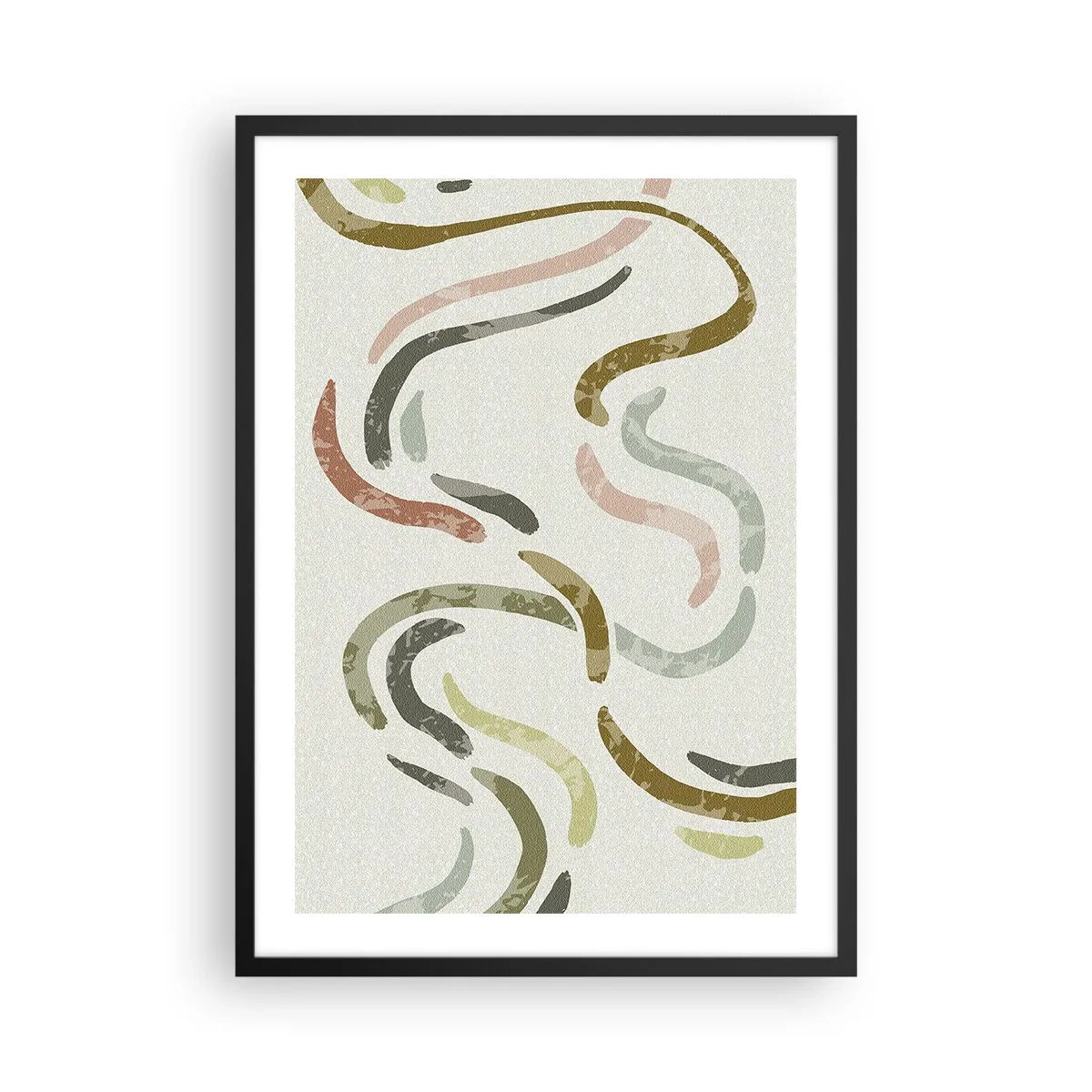 Poster în ramă neagră - Linii ondulate abstracte în nuanțe naturale - 50x70cm - Dansul vesel al abstracției - Decorațiune modernă pentru perete pentru living și dormitor ARTTOR