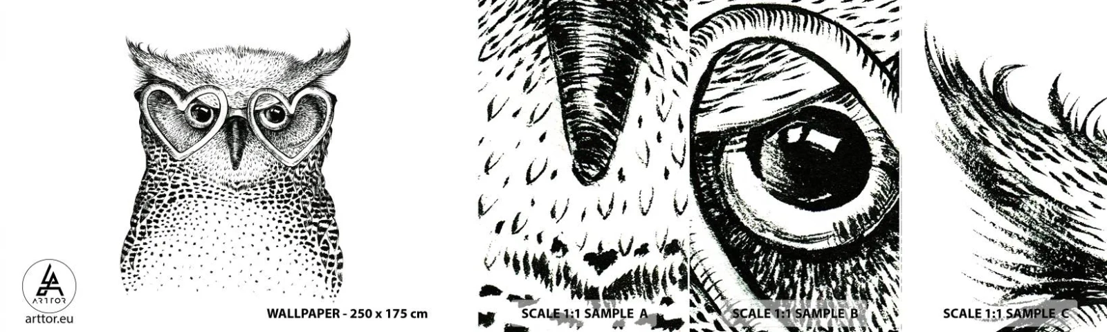 Mostră tapet autocolant Deluxe Sticker - Cu înțelepciune și dragoste - Bufniţă, Pentru copii, Animale - 100x30 cm